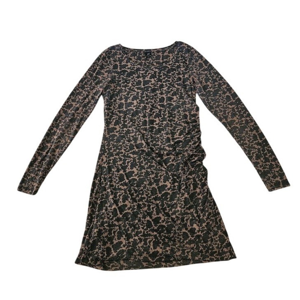 Peruvian Connection Brown Black Abstract Print Ruched Long Sleeve Dress Medium